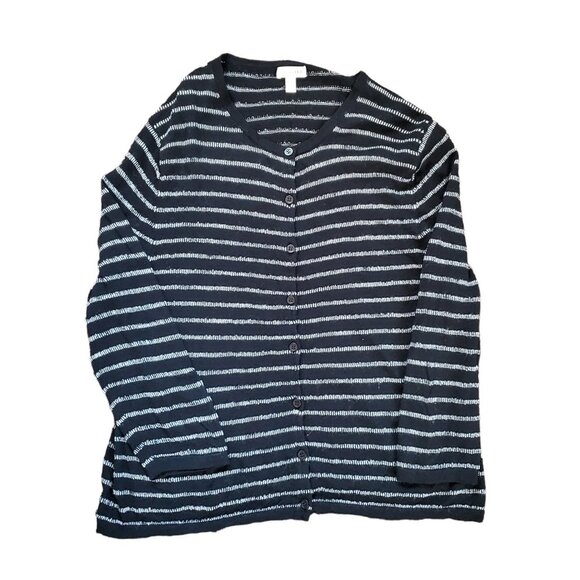 Garnet Hill 100% Merino Wool Black and White Strip Button Up Cardigan Large - Picture 3 of 13